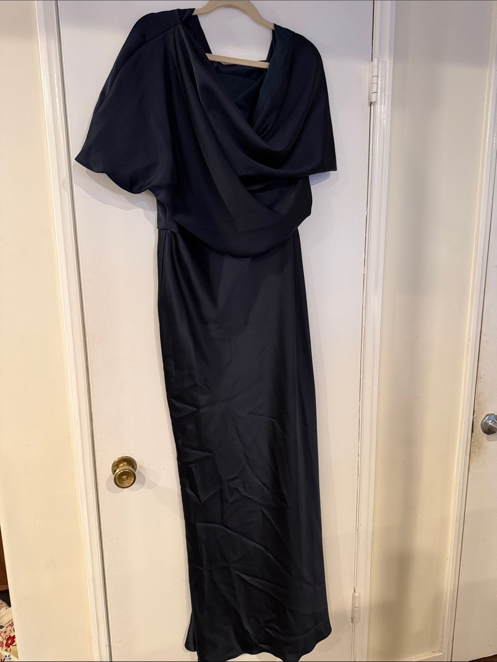 Amsale satin 1 shoulder gown Navy Blue Draped Long-Sleeve Evening Dress